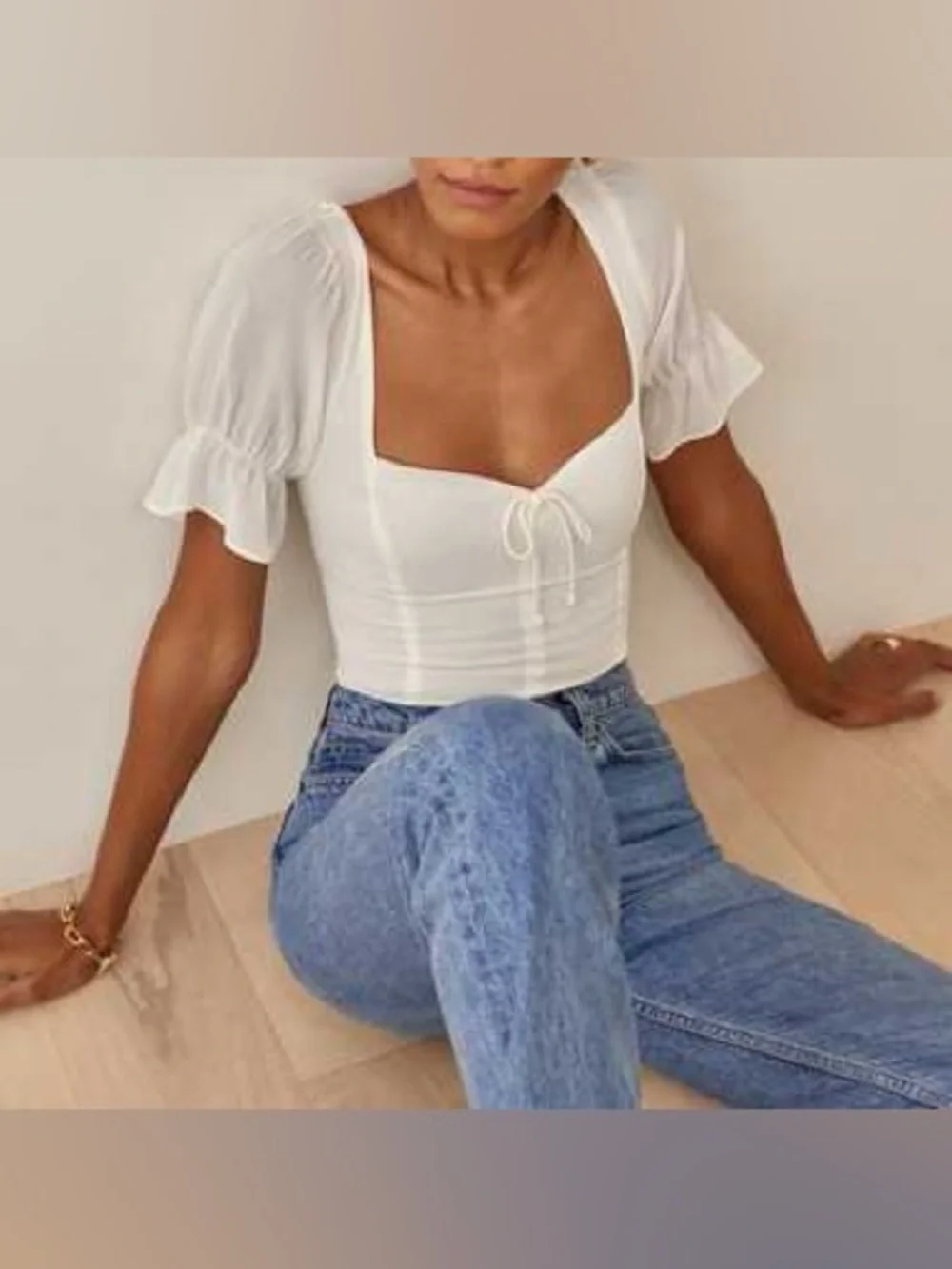 Reformation Cream Square-Neck Puff Sleeve Blouse
